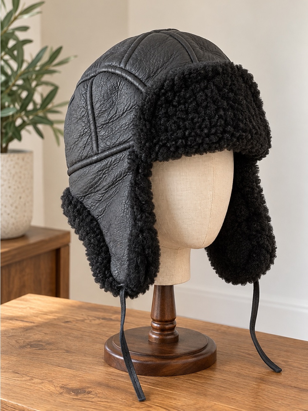 Genuine Black Leather Shearling Aviator Trapper Hat Size Small Winter Vintage St